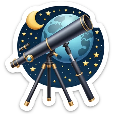 An icon featuring a telescope, stars, and a planet, symbolizing astronomy. The design includes a crescent moon, distant galaxies, and constellations, representing the study of space and celestial bodies. Transparent background highlights the exploration of the universe and cosmic phenomena. sticker