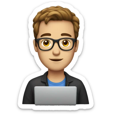 white guy brown hair and square glasses typing in laptop sticker