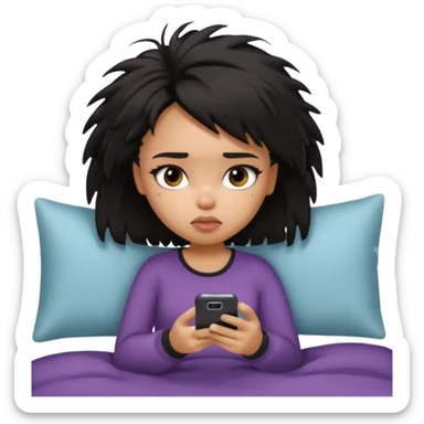 generate a pretty bratz girl with short black messy bed hair, looking tired and using her phone sticker