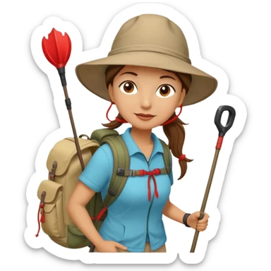 Middle aged women, long brown ponytail with wide brim hiking hat. With backpack and trekking poles. Backpack has a scallop shell with the cross of saint james hanging from it.  Remove the cross and add a scallop shell on a red string hanging from the backpack  sticker