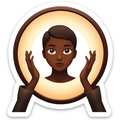 Un espejo con un brillo hipnótico en el centro de un espacio oscuro y una persona en silueta sticker