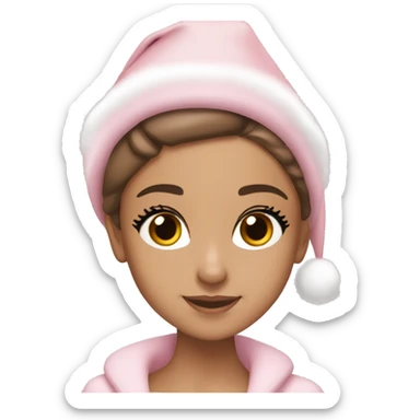 Ariana grande in a light pink christmas outfit wearing a light pink christmas hat sticker