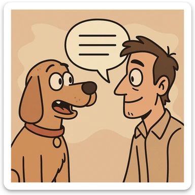 cartoon dog and human facing each other with a speech bubble between them, showing communication or translation sticker