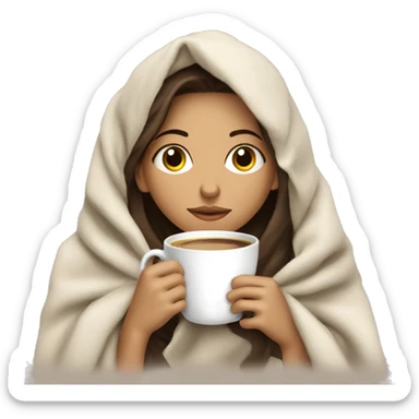 girl inside a blanket sipping coffee eyes closed, brunette with fair skin sticker
