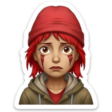 very dirty looking homeless woman with ripped red hat with ugly hair sticker