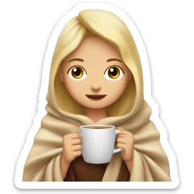 girl inside a blanket sipping coffee eyes closed with blonde hair sticker