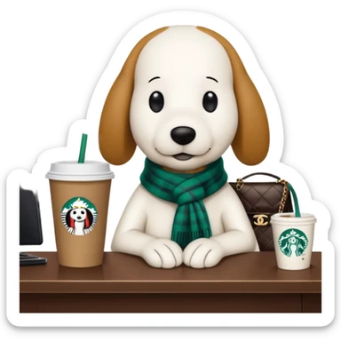 snoopy in a desk with starbucks and his chanel purse sticker
