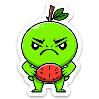 Furious guava character with angry eyes, scowling face, and arms crossed sticker