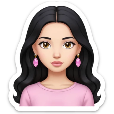 A beautiful girl wearing light pink clothes, long black hair, earrings sticker