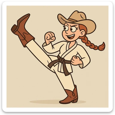 karate cowgirl, kicking pose, braided hair, western boots, martial arts belt, playful sticker
