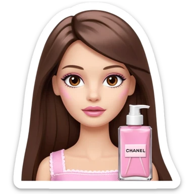 Barbie girl a brown long Straight hair and brown eyes is In pale pink smears by hand cosmetic cream Chanel on her face sticker