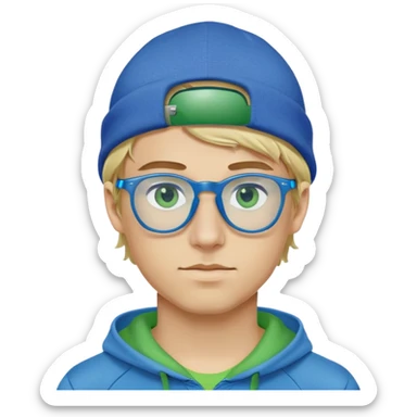Blond hair guy with a blue hat, blue hoodie, Oakley glasses with green on the sides , blue eyes sticker