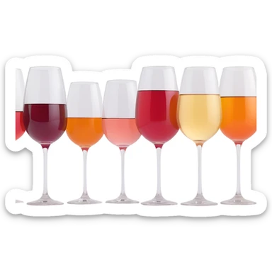 a row of 10 to 12 wine glasses in 3D emoji style, arranged in a single line, with wine colors smoothly transitioning in a natural gradient from white to yellow to orange to rosé to red to dark red, high resolution, no background sticker