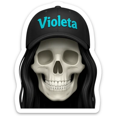 Create a skeleton head wearing a black baseball cap that says "Violeta" in teal blue lettering, with long black hair sticker