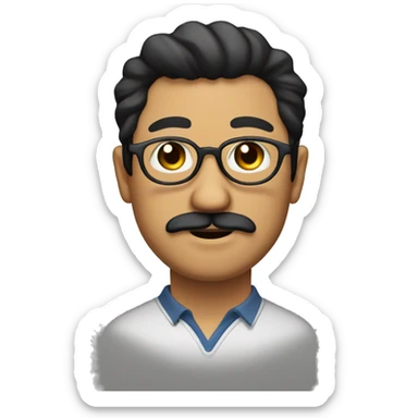 Man with dark hair, mustache and chin beard, roun glasses, round face, brown eyes, sticker