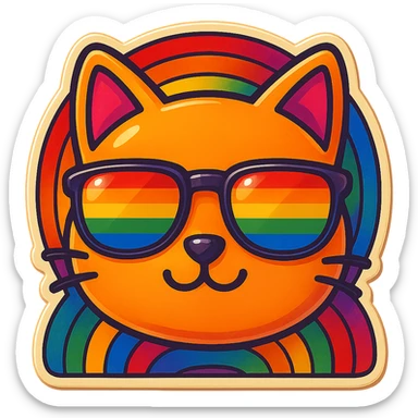 Add a vibrant, colorful background behind the cat with rainbow sunglasses, keep the retro stickers style the same. sticker