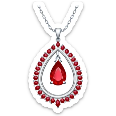 enchanted ruby talisman, teardrop shape, glowing with life force, encircled by white stones on a floating silver chain sticker