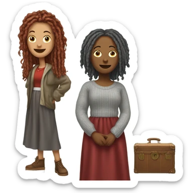 One woman with gray locs wearing pants , other woman is brown with red locs in a knee-length dress with a cozy sweater, looking at antique items, shopping in yardsale sticker