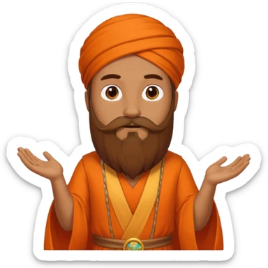 One astrologer sitting in orange color dress looking like a learned person, having beard sticker