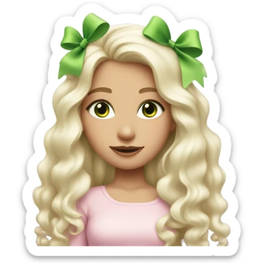 pale blonde girl with long platinum white wavy hair with bright green eyes and wearing a light pink hair bow  sticker
