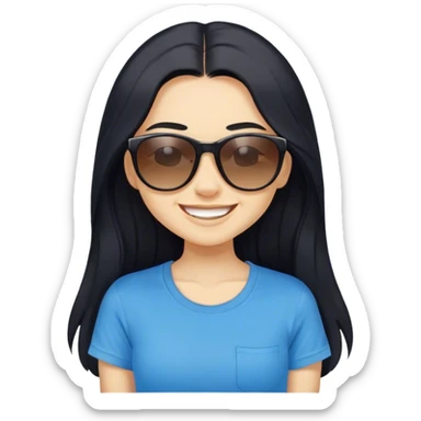 A face of girl with black long hair, wearing sunglasses and a blue t-shirt.She's grinning.She's winking at me. sticker