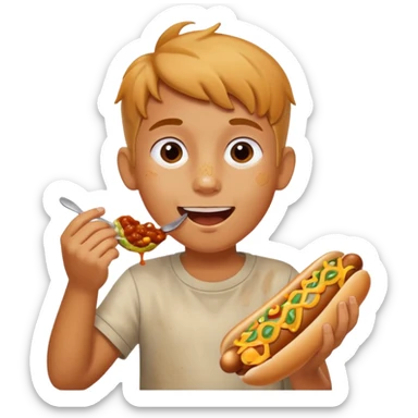 Kid eating chilli dog but eating it by grabbing the bun sticker