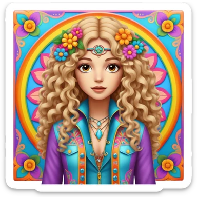 Create a 3D ultra detailed psychedelic colored square hippie style flower border with a gorgeous hippie in the center with long curly hair, bell bottoms, and a fringed jacket sticker