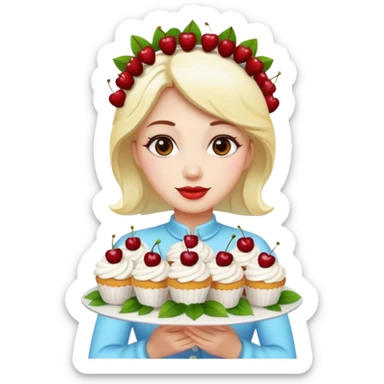 Beautiful woman with bouquet of flowers and lush white cakes with icing and cherries emoji style sticker