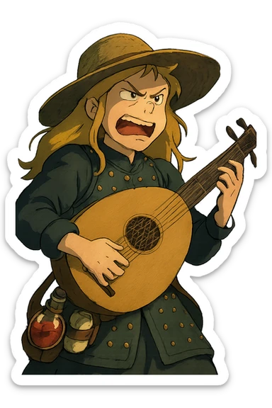 A female bard , blond hair, wearing brigandine armor with a sturdy straw hat, playing a fat medieval lute and singing, night time shadows, tool belt with red potion and bandages, mischievous grin, anger sticker