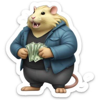 Angry fat Rat standing up with long blond hair holding money sticker