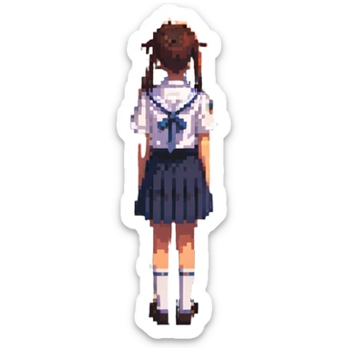 Japanese schoolgirl in uniform standing in a classroom with sunset light, hands at sides, one empty desk, looking out window, emotional atmosphere sticker