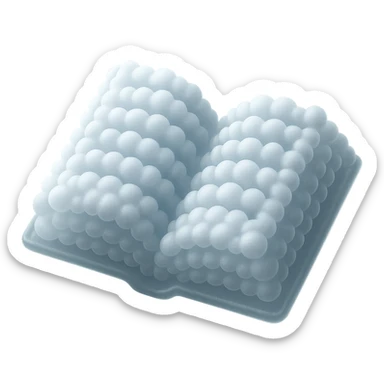 thick open book made entirely of small, very bright white fluffy convex clouds, matte glass style sticker