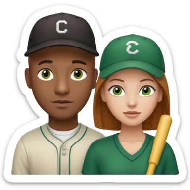 Black bald guy with a baseball cap & a white girl brown hair green eyes sticker