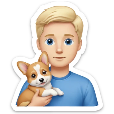 White boy with blonde hair and blue eyes holding corgi puppy sticker