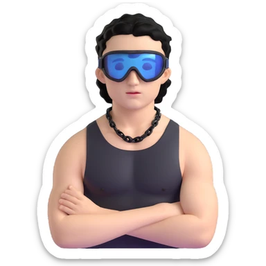 shirtless male athlete with white skin and moderately curly black hair on top with shaved sides, wearing black ski goggles with very dark heavily tinted black lenses that completely hide the eyes, and a simple plain black chain necklace, no earrings sticker