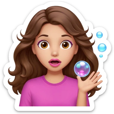 girl with long wavy brown hair, brown eyes, light to medium complexion, in a pink shirt, pink lips, long lashes, surprised, wow bubble sticker