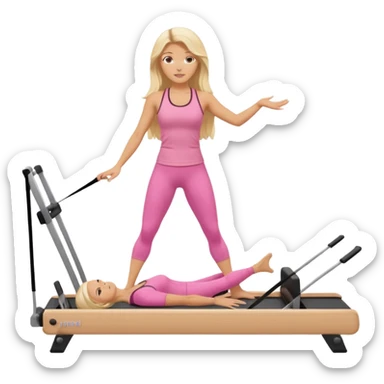 long haired blonde pilates instructor teaching reformer in pink set beige reformer sticker