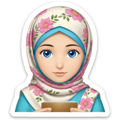 Turkish beautiful finish Konya girl blue eyes with lilies floral hijab islamic dress and had on her hand text Eid Mubarak  sticker