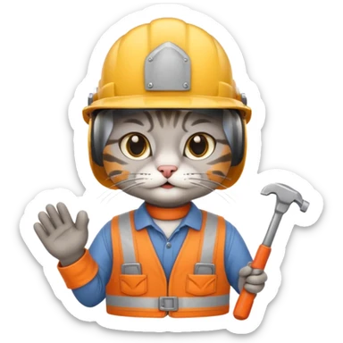 gray cat, handyman Outfit, wearing a Helmet sticker