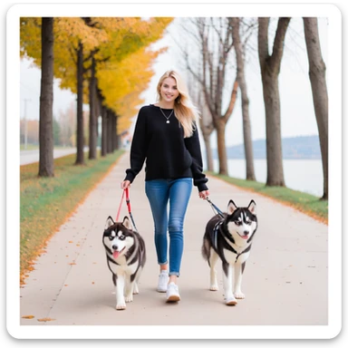Cute Blonde woman wearing a black sweater and jeans and white sneakers walking a happy red-brown blue-eyed Siberian husky in New York City on an upper east side city sidewalk  sticker