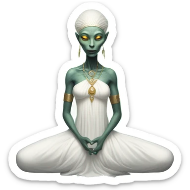 a Reptilian alien woman,in meditation, white dress like a priestess sticker