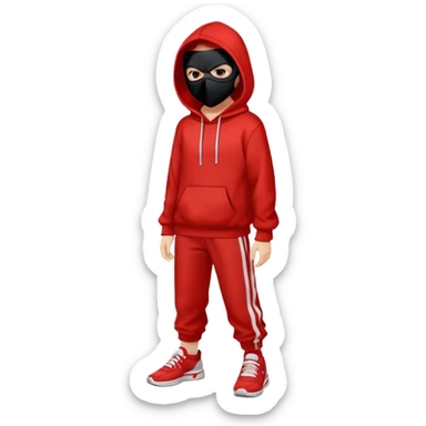 an anime chreacter wears black mask whitout ribons, wears and red hoodie with white textures, red strip pants, and sneakers sticker