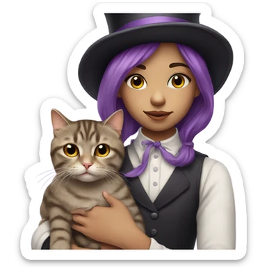 portrait of girl with purple hair wearing a top hat holding a sleepy tabby cat sticker