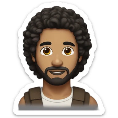 long straigh brown-black hair, white skin men, with brown eyes, and a little bit of beard sticker