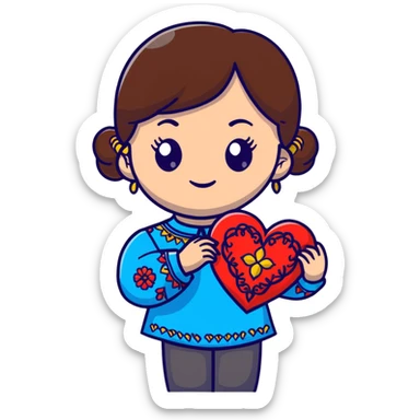 A beautiful young girl with brown hair in a Ukrainian embroidered shirt is holding a large embroidered heart sticker