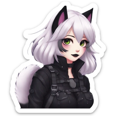 Gorgeous furry gothic dark techwear anime style anthro black cat furry sona with blushing face aesthetic and pretty edgy black with collar and harness trending style sticker