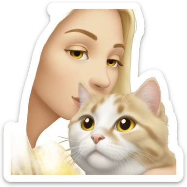 Pretty long blonde haired woman with gray eyes kissing yellow and white cat sticker