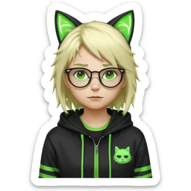 Light blond, slightly messy hair
Black glasses
A black hoodie with cat ears
Neon green details on the jacket and pants (glowing lines and stripes)
An overall hacker / cyberpunk style look
A neutral facial expression sticker