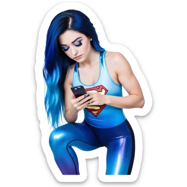 Disapponted-big tears-head back texting on phone-very very large upper body-sexy face-bending forward at waist-very long very straight dark blue to light blue ombre hair-and-blue eyes-thick black eyeliner-long eyelashes-iridescent blue lowcut tanktop with black leggings with glitter superman logo sticker