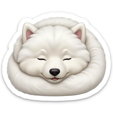Meme-Worthy Cute Sleeping Samoyed Portrait Emoji, Head resting peacefully with a contented smile, showcasing a delightfully fluffy build and a luxuriously soft pure white Fur, eyes shut in a serene nap, Simplified yet hilariously adorable features, highly detailed, glowing with a soft, drowsy light, high shine, relaxed and utterly lovable, stylized with an air of playful laziness, bright and heartwarming, soft glowing outline, capturing the essence of a comically sleepy companion, so meme-worthy it feels like it could instantly become the next viral sensation of adorable slumber! sticker